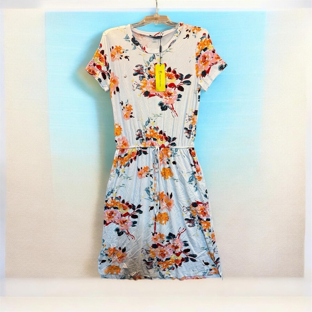 Women's Simier Fariry White Orange/PinkFloral Short Sleeve Dress M Casual/summer